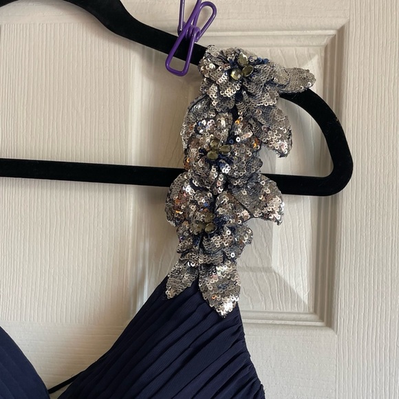 Navy Blue Faviana Sequin Accent One Shoulder Midi Dress Size 6 - Picture 3 of 11